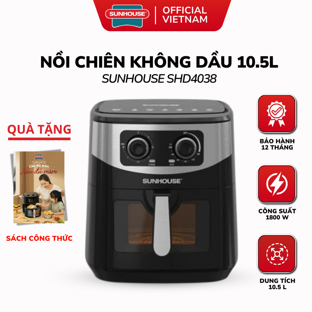 Nồi Chiên Không Dầu SUNHOUSE SHD4038 - 10.5L, Công Suất 1800W, Hạn Chế Dầu Mỡ, Bảo Hành 12 Tháng