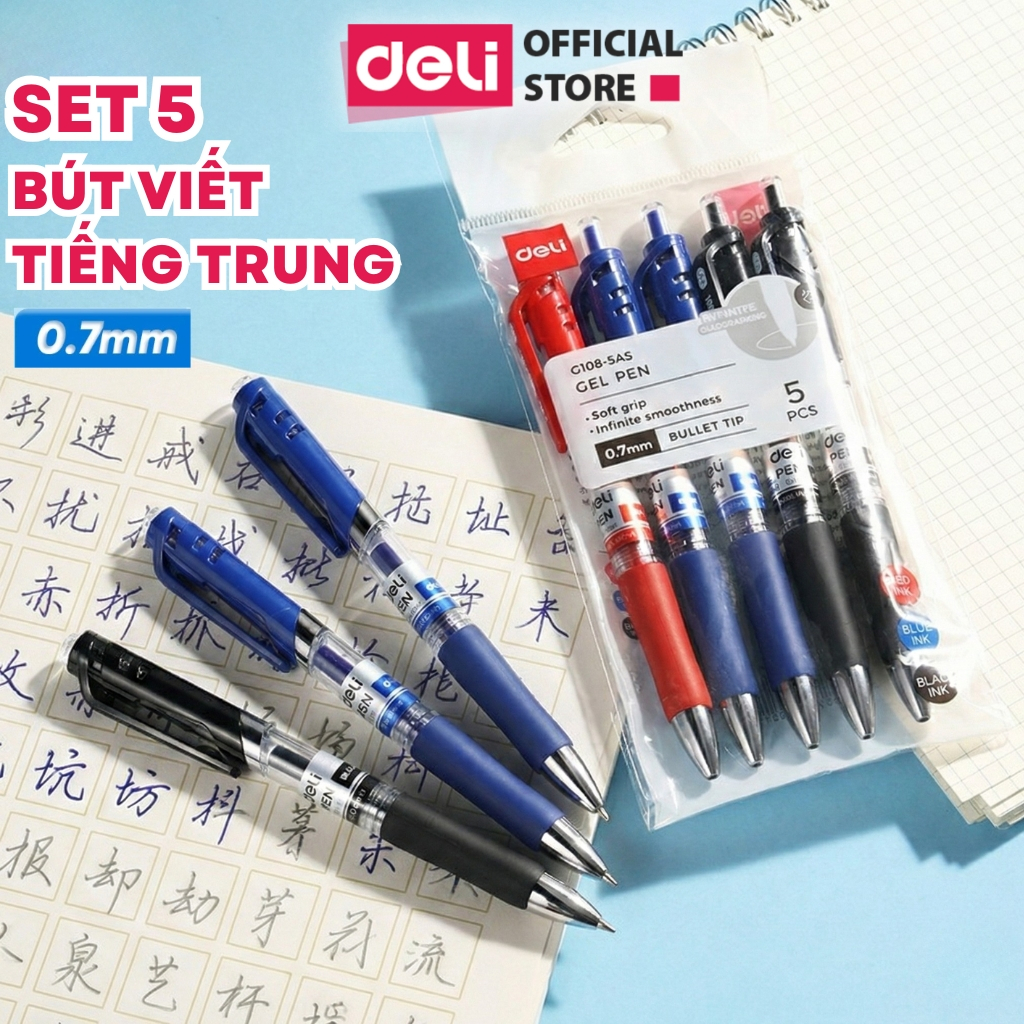 Set 5 Bút Gel Deli Luyện Viết Tiếng Trung, Hàn, Nhật Ngòi 0.7mm Có Đệm Tay Viết Siêu Mượt Nhanh Khô
