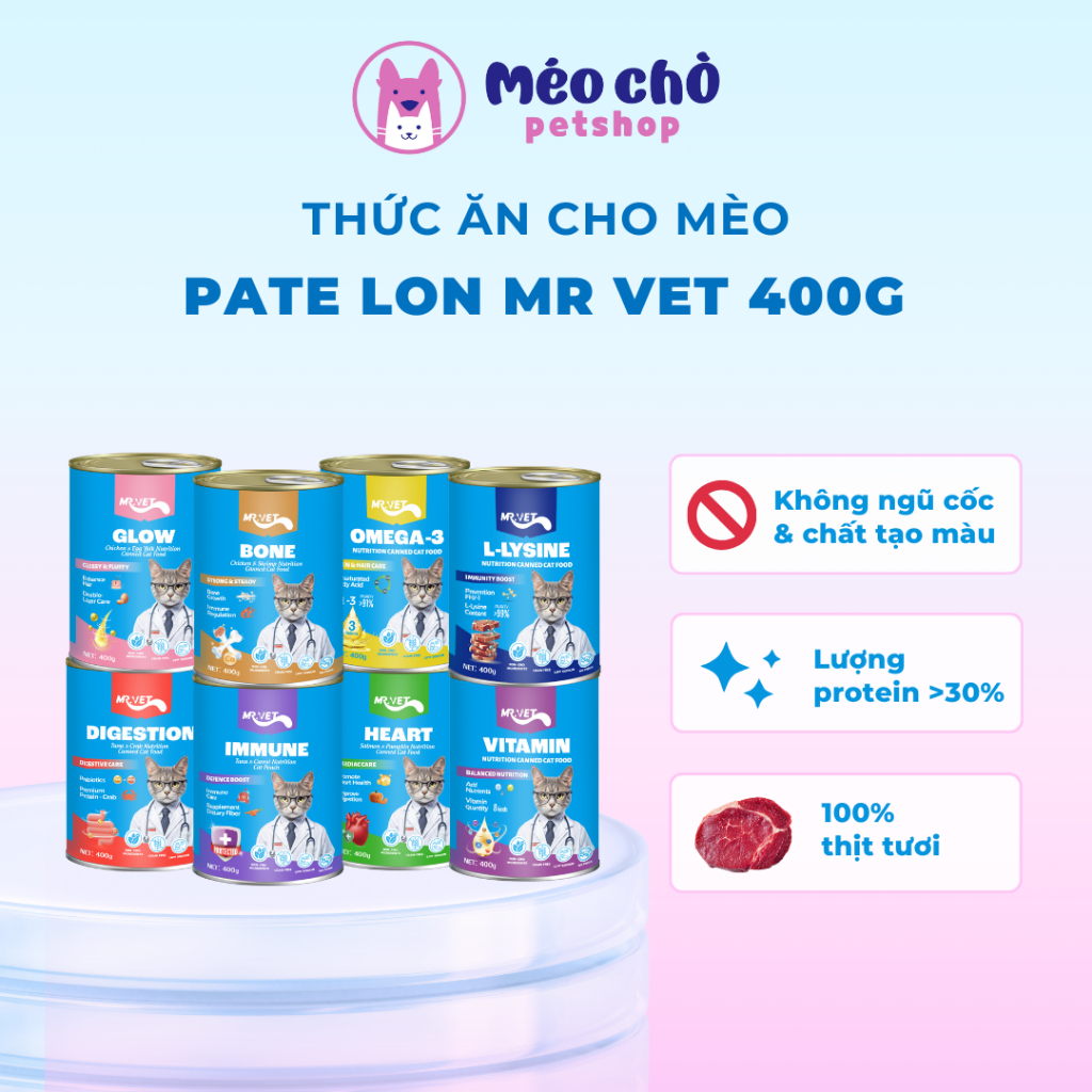 Combo 1, 2, 3 & 5 Mr Vet Dạng Pate Lon 400G - 100% từ thịt thật Mượt Lông, Lượng Protein >30%