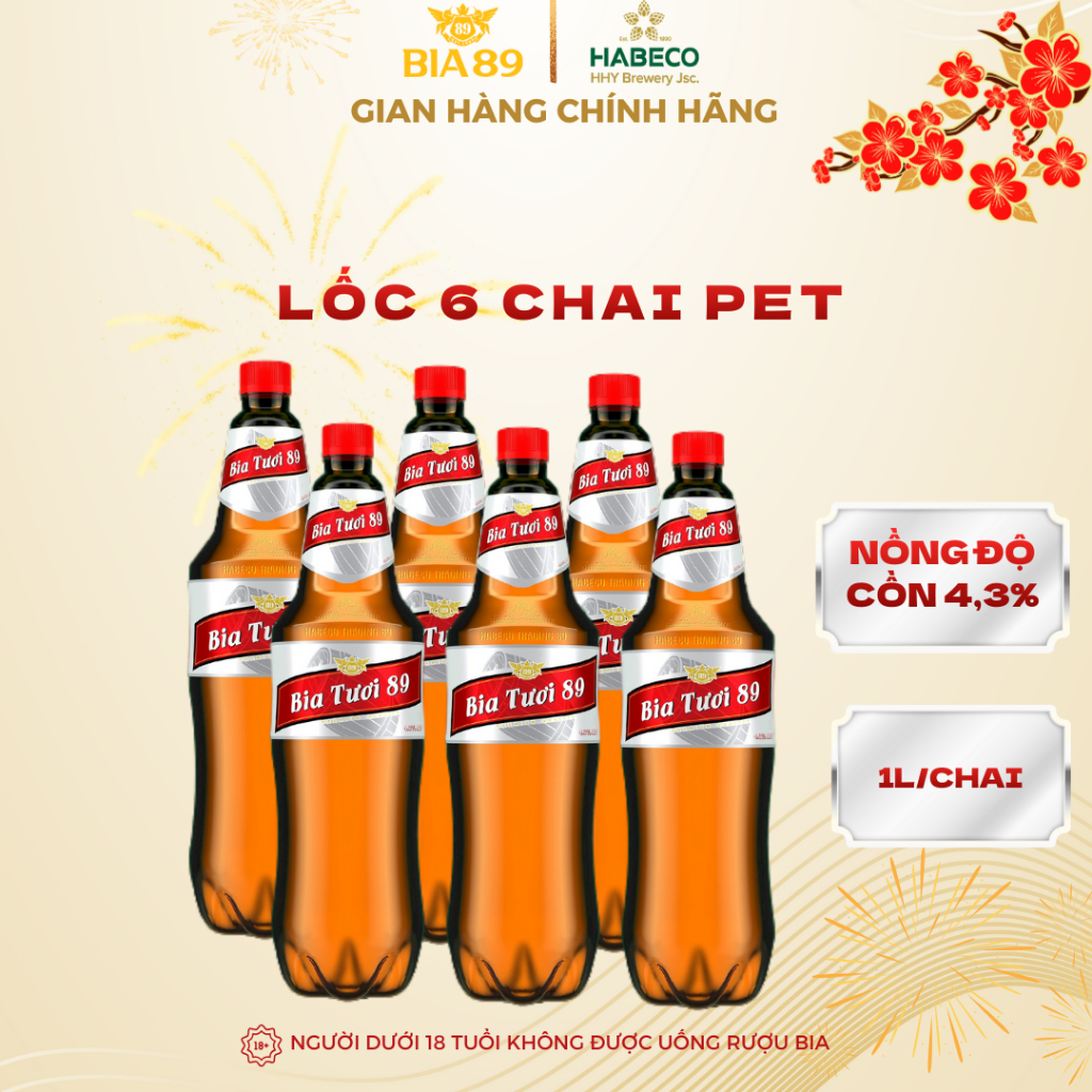 Bia tươi Hà Nội 89 - Nồng độ cồn 4,3% - Lốc 6 chai Pet 1L/chai