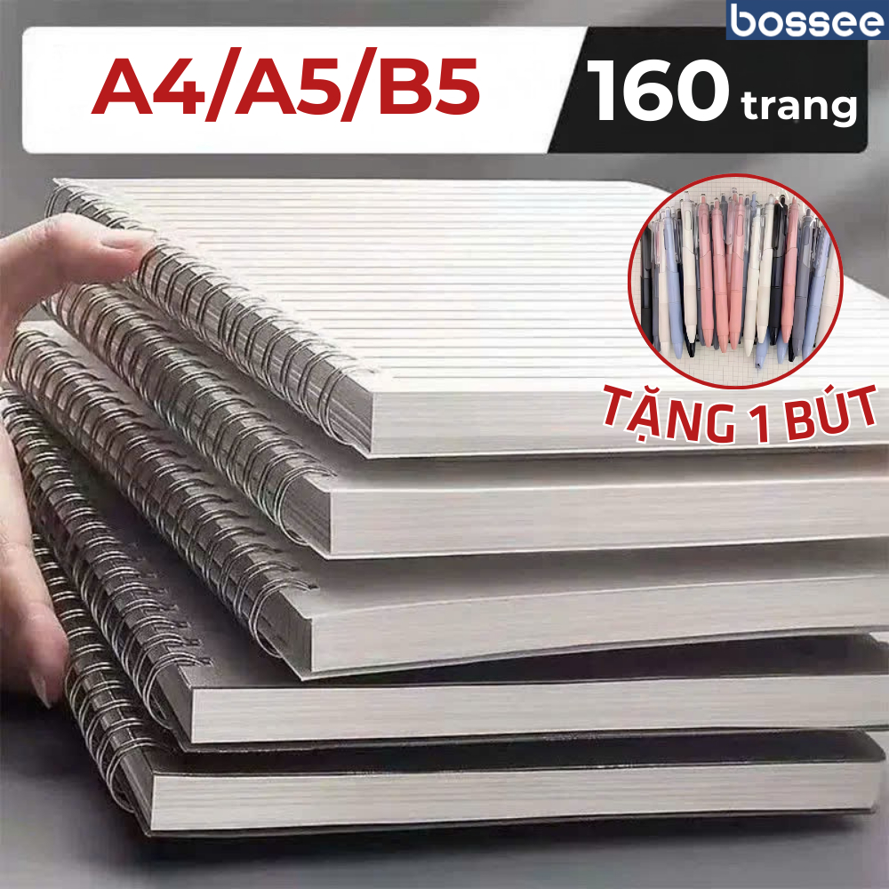 [Tặng Bút] Sổ Lò Xo 160 Trang Bìa Nhựa PP Chống Nước Chống Bụi Kích Cỡ A5 B5 A4 Định Lượng 80gsm