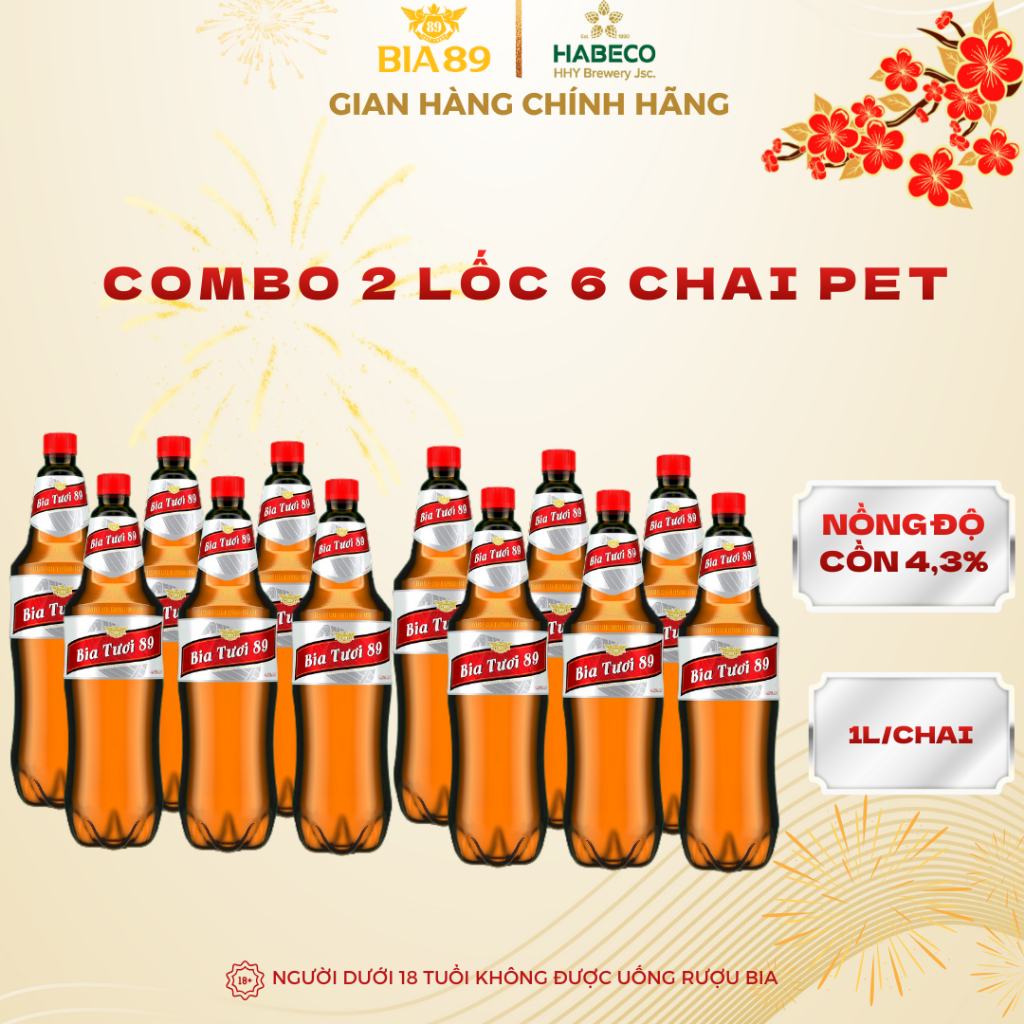 Combo 2 Bia tươi Hà Nội 89 - Nồng độ cồn 4,3% - Lốc 6 chai Pet 1L/chai