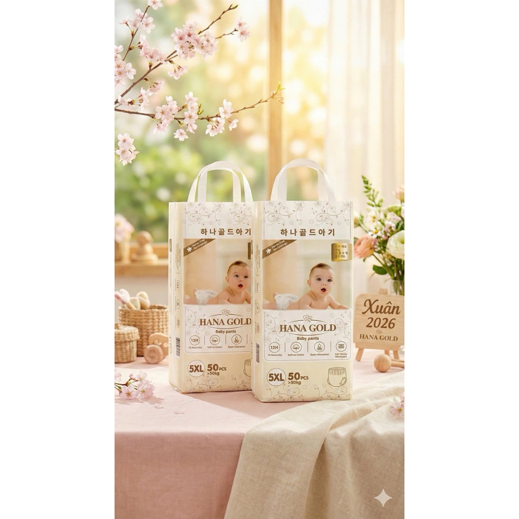 Bỉm Hanagold cao cấp cho bé, fom ôm cải tiến với cạp chun vô cảm thấm hút 1000ml có size từ 4-30kg