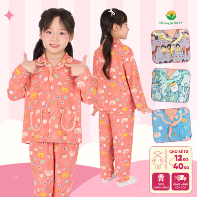 Bộ lanh tole pijama mặc nhà bé gái quần dài áo dài tay phối ren thời trang Việt Thắng B70.5153