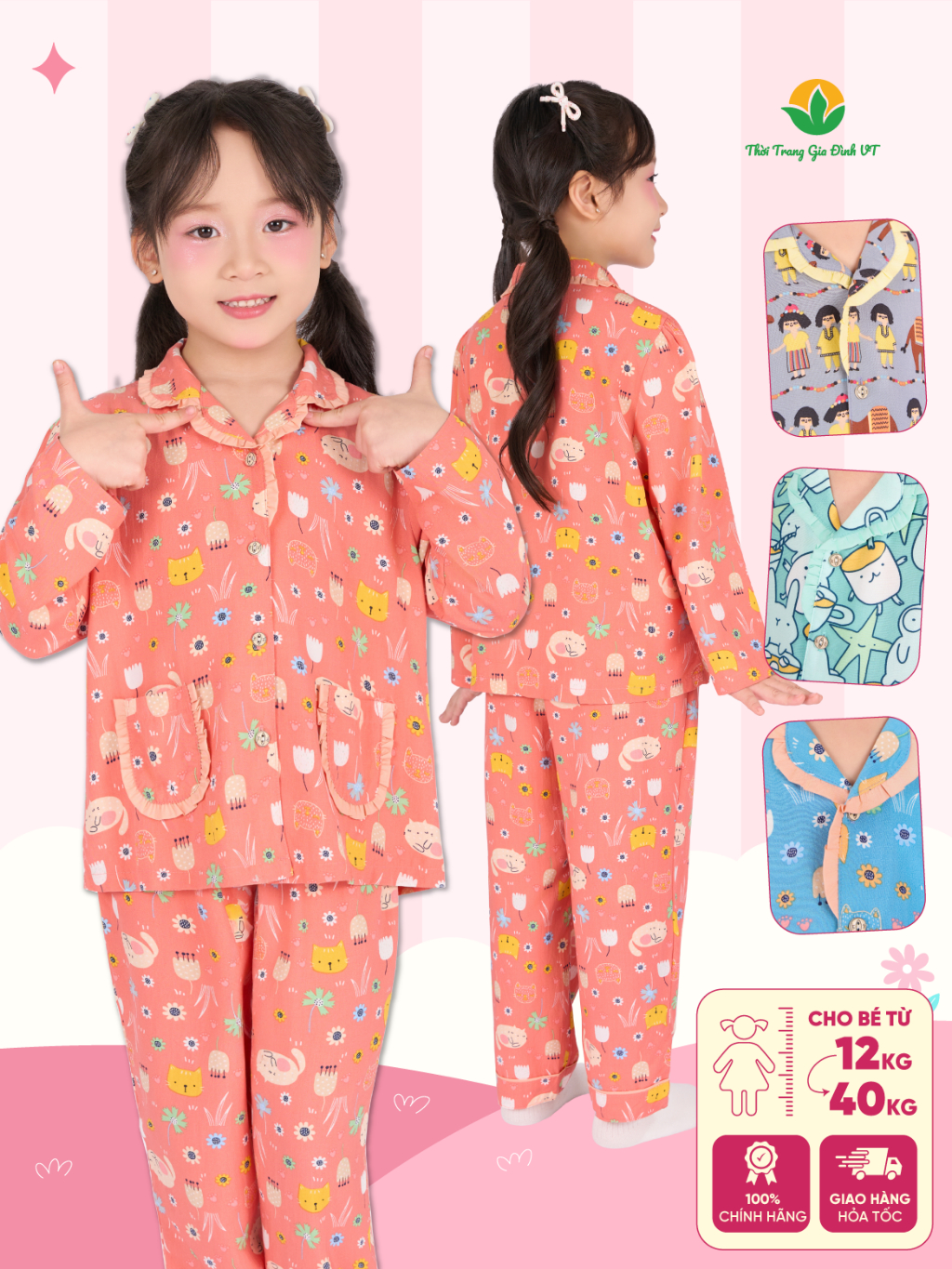 Bộ lanh tole pijama mặc nhà bé gái quần dài áo dài tay phối ren thời trang Việt Thắng B70.5153