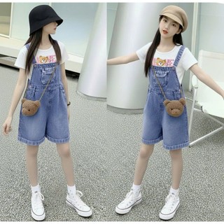 Set yếm quần jeans cho bé gái phối áo thun & túi gấu dễ thương jeans cotton mềm mát (bé từ 30-48kg)
