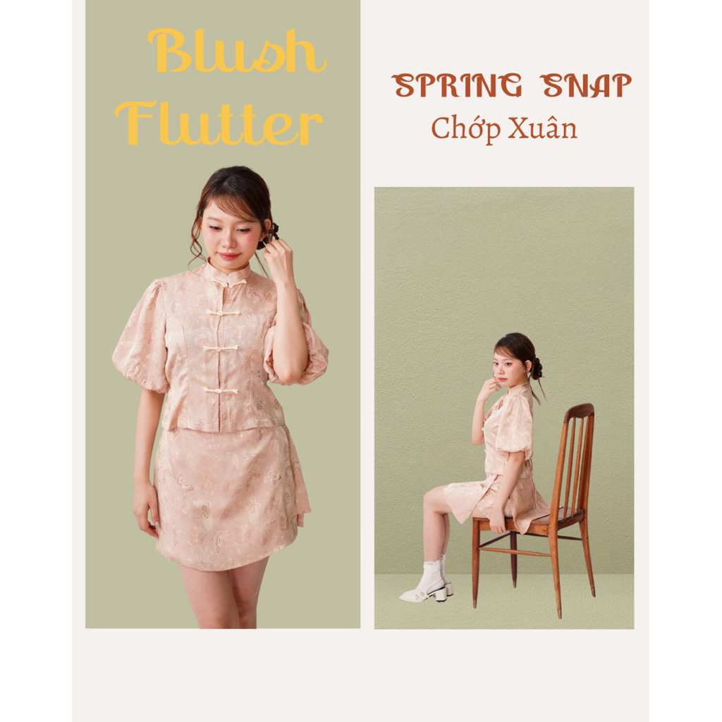 Set áo váy gấm liễu châu Blush Flutter