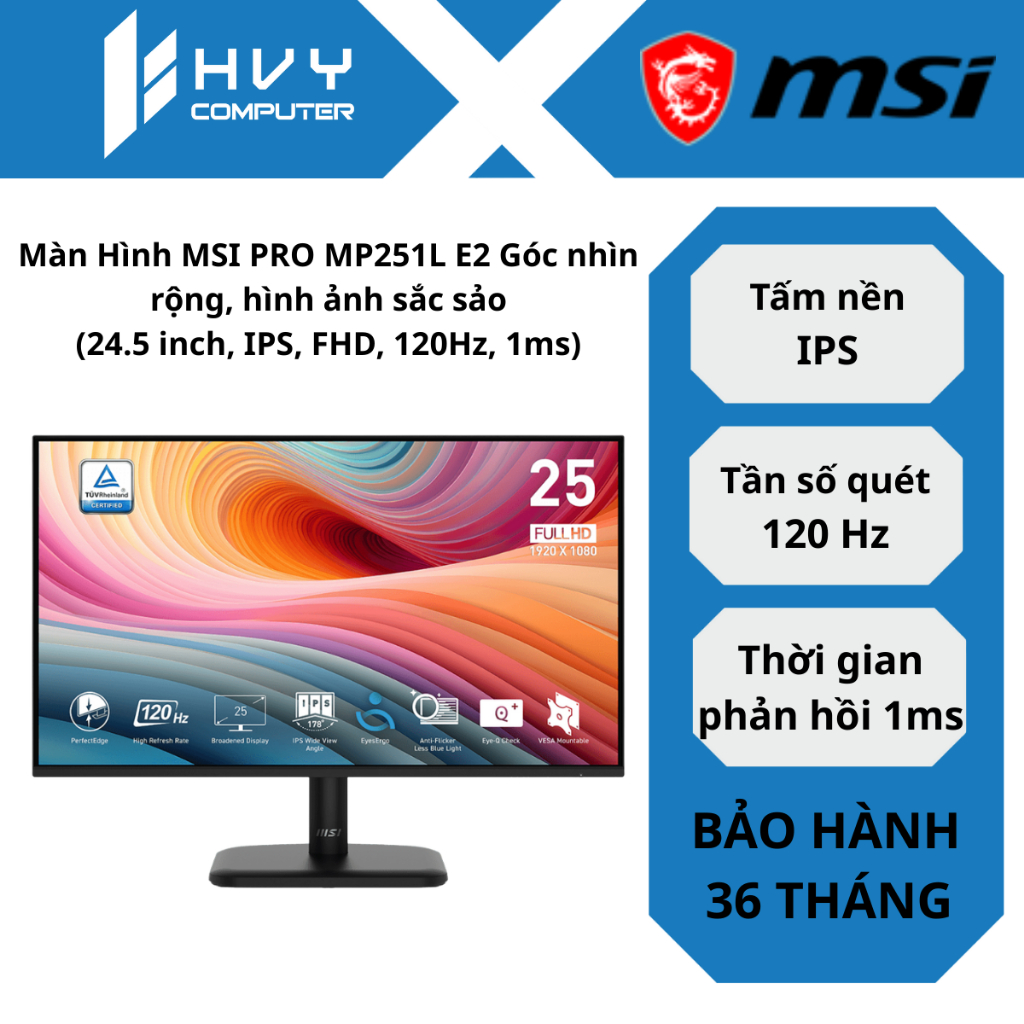 Màn Hình MSI PRO MP251L E2 Góc nhìn hoàn hảo (24.5 inch, IPS, FHD, 120Hz) - Hàng Chính Hãng