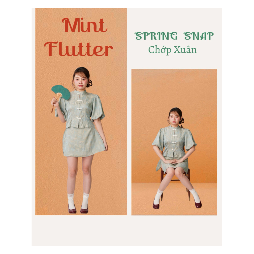 Set áo váy gấm liễu châu Mint Flutter
