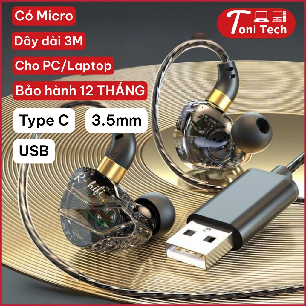Tai nghe GAMING cho PC/Laptop nhét tai in ear dây dài 3M có mic đàm thoại jack USB và 3.5mm, bảo hành 12 tháng.