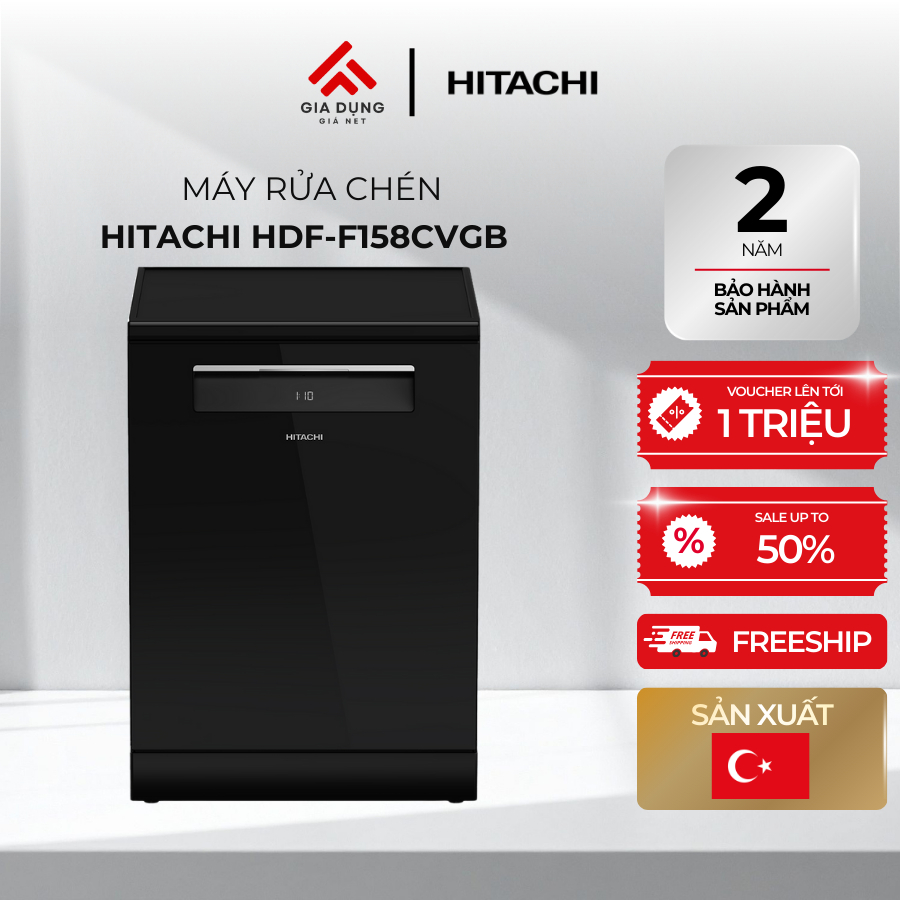Máy Rửa Chén Độc Lập Hitachi HDF-F158CVGB - 3-4 bữa ăn Việt (15 bộ Châu Âu) - Bảo hành chính hãng 24