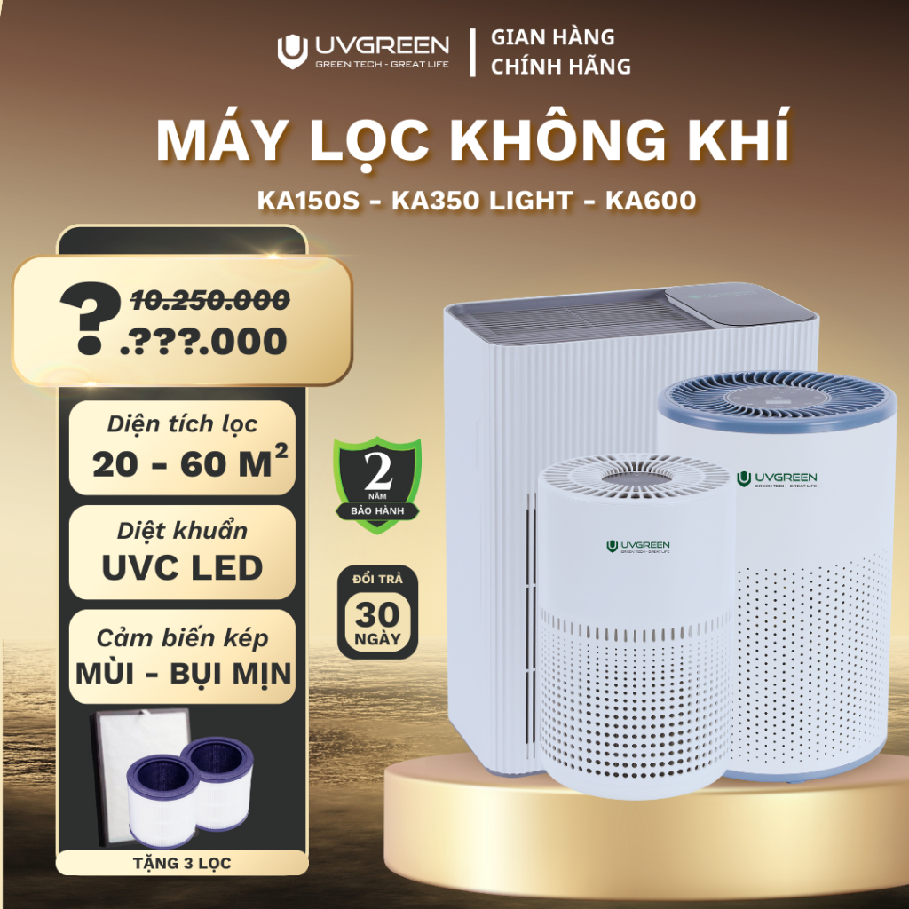 [Trả Góp 0%]Combo 3 Máy Lọc Không Khí Diệt Khuẩn UVGREEN KA600,KA350 LIGHT, KA150S-Công Nghệ UVC LED