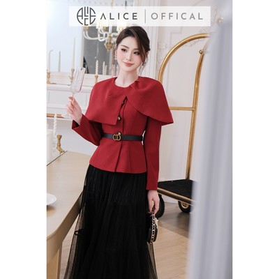 Set Váy Tết Alice Cao Cấp, Áo Vest Choàng Đỏ Chất Chéo Kaki Phối Chân Váy Lưới Dập Li Phong Cách Tiểu Thư A1063+CV1059