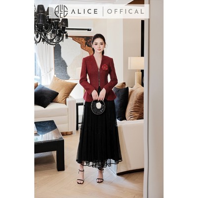 Set Váy Dạ Tết Alice Áo Dạ Tweed Đỏ Khóa Đồng Dọc Ngực Phối Chân Váy Lưới Dập Li Dáng Dài S1059