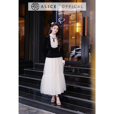 Set Váy Tiểu Thư Cao Cấp Alice Áo Nhung Cổ Phối Ren Đính Nơ Kèm Chân Váy Lưới Tầng Phong Cách Retro Tiểu Thư S1056