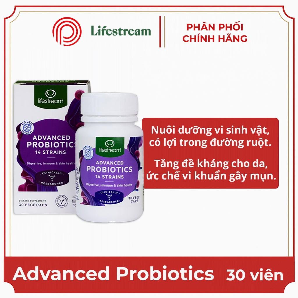 Viên uống men vi sinh, hỗ trợ tiêu hóa, giảm nấm candida Lifestream Advanced Probiotics 30 viên