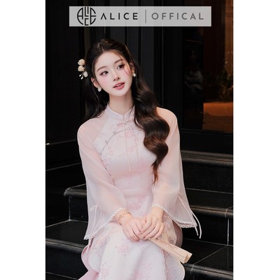 Áo Dài Tố Trân Alice Chất Gấm Phối Thơ, Áo Dài Cách Tân Cổ Truyền Thống Phối Tay Lửng Xòe Phù Hợp Các Dịp Lễ Tết AD1061
