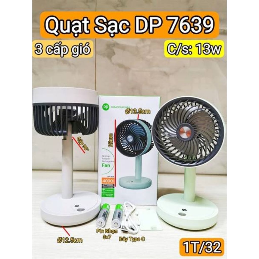QUẠT TÍCH ĐIỆN ĐỂ BÀN DP-7639 - CÔNG SUẤT 13W - GẬP GỌN 90 ĐỘ - KÈM SẴN 2 PIN SẠC DUNG LƯỢNG CAO