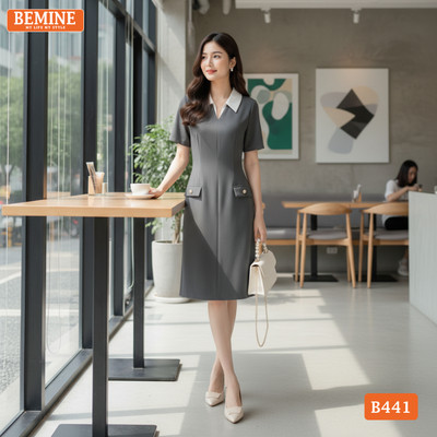 Đầm thiết kế BEMINE cổ sơ mi phối dáng chữ A phù hợp đi làm-B441