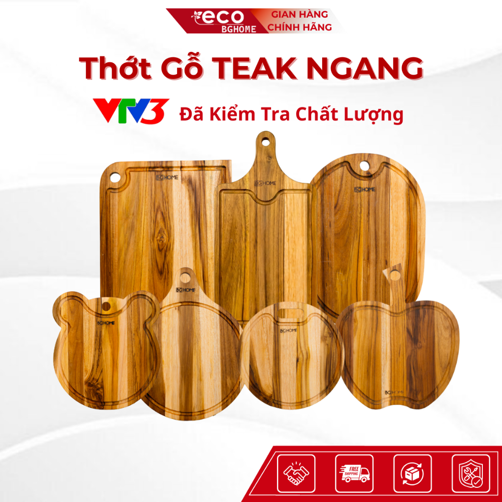 Thớt Thái Gỗ TEAK BGHOME ECO hạn chế mùn, mốc, vi khuẩn, An Toàn VSTP - đa dạng kích thước