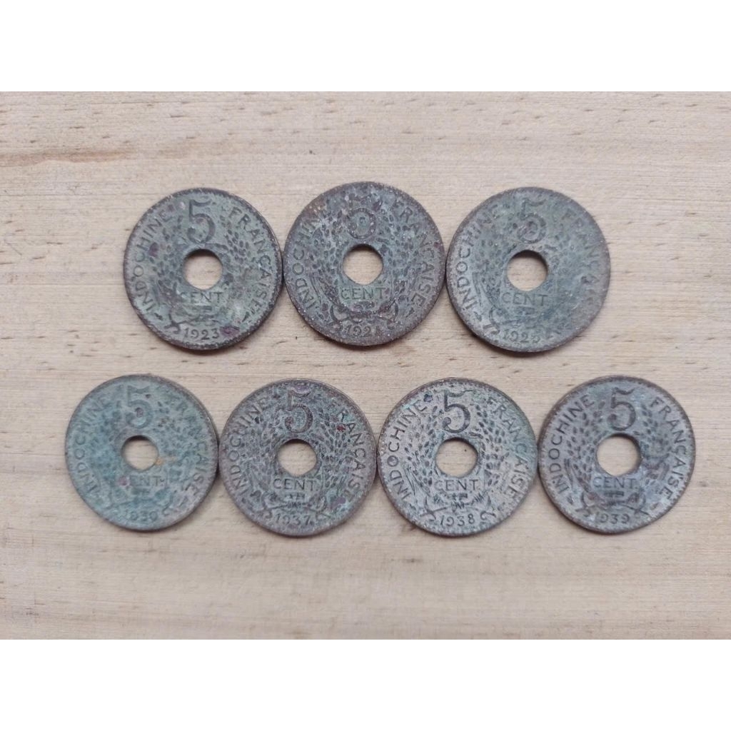 Bộ đầy đủ 7 đồng xu 5 Cent Đông Dương (Indochine) 1923-1939 sưu tầm