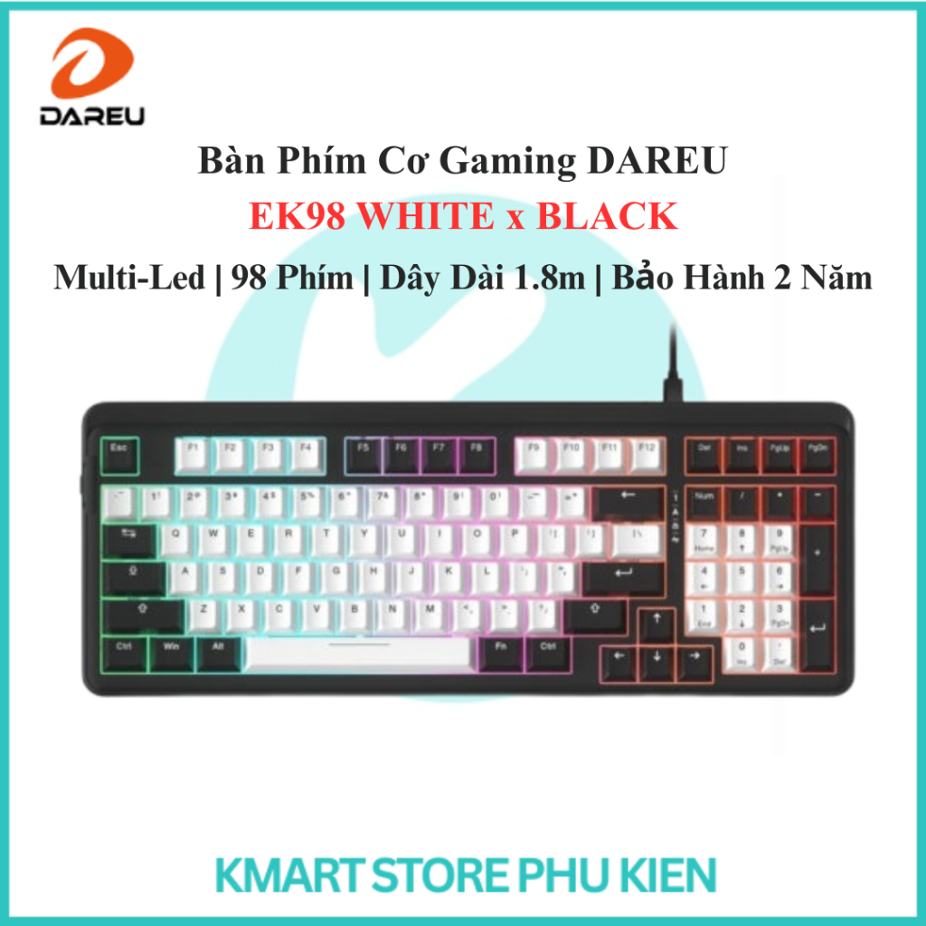 Bàn Phím Cơ Gaming DAREU EK98 WHITE x BLACK | Multi-Led | 98 Phím | Dây Dài 1.8m | Bảo Hành 2 Năm