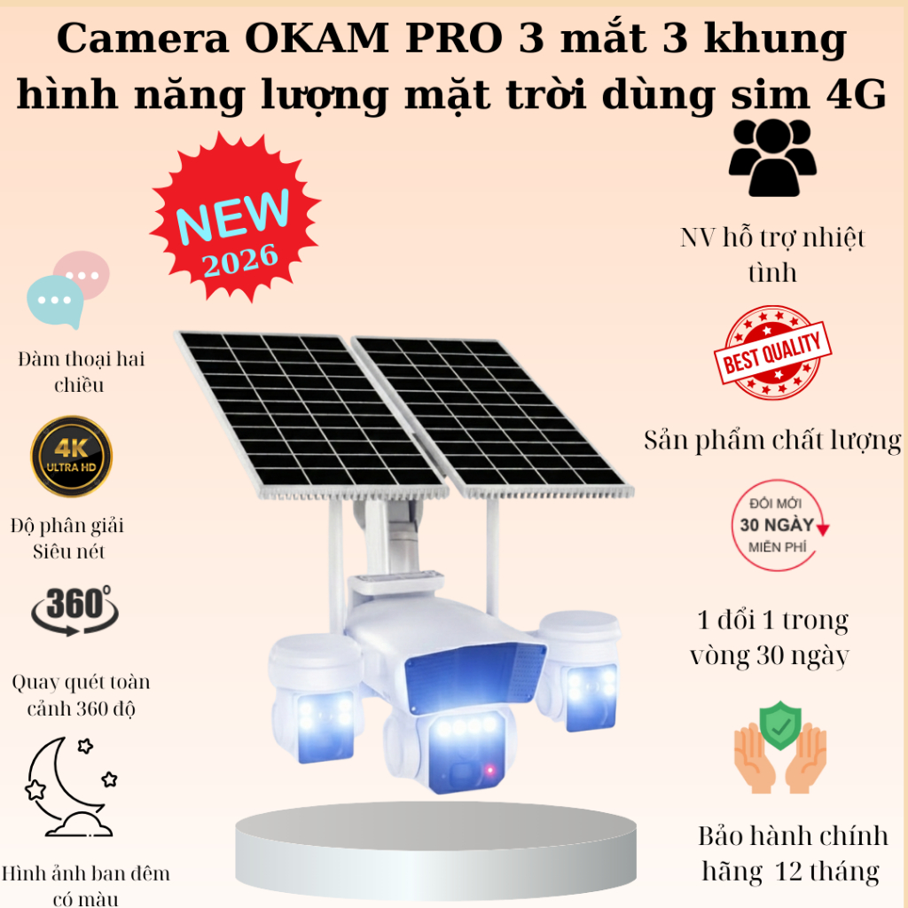 (Lỗi 1 đổi 1)  NEW 2026 Camera năng lượng mặt trời sim 4G giám sát ba màn hình dùng sim 4G, chống nư