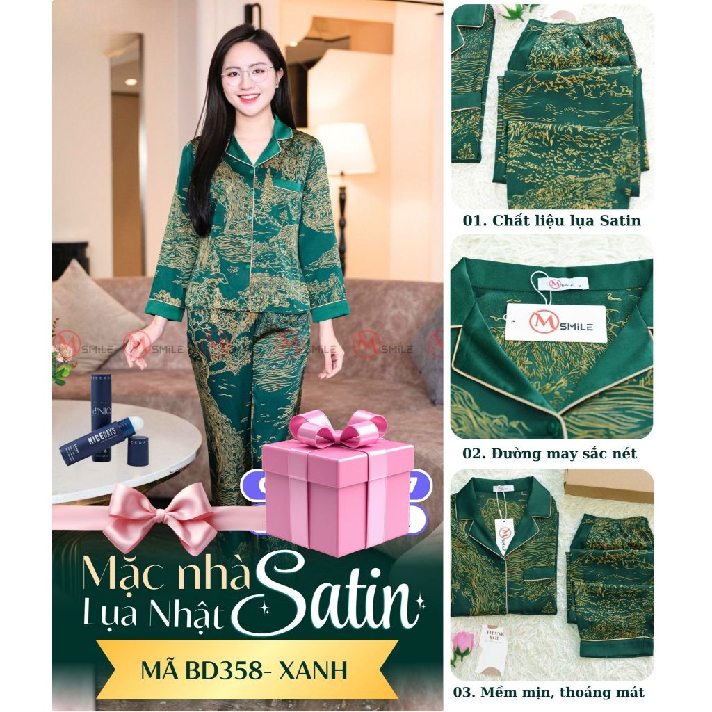 Bộ đồ mặc nhà dài tay MSMILE lụa Satin Nhật mềm mại, thoáng mát - BD358