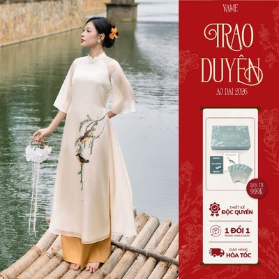 TẶNG LÌ XÌ - Áo Dài Tết YAME Tơ Organza Màu Trắng Kem Hai Tà Tay Lỡ In Hoạ Tiết Đính Hoa YAD862