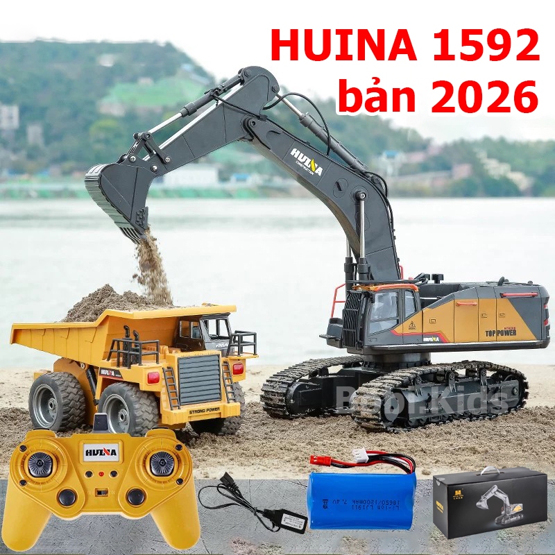 Đồ chơi máy xúc điều khiển từ xa HUINA 1592 phiên bản 2026 22 kênh điều khiển cao cấp cỡ lớn giá rẻ,