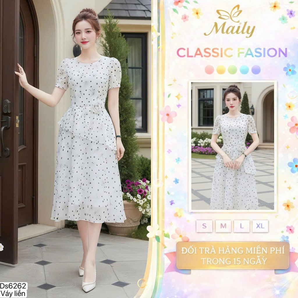 (GIAO NGAY-DVC CHÍNH HÃNG) DS6262 Váy Tơ Trắng Dáng Xòe Chấm Bi, Hoa EO
