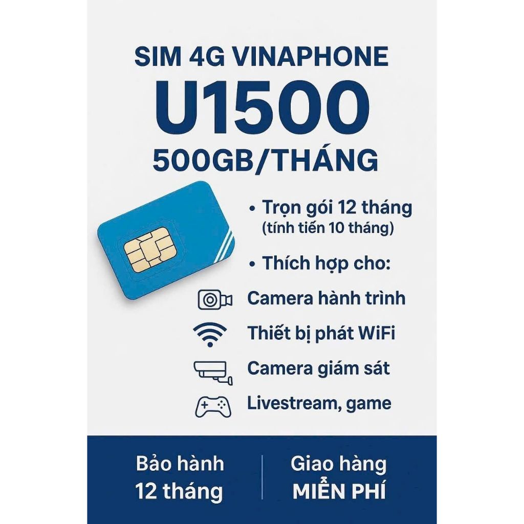 Sim Vinaphone U1500 Miễn phí 500GB/tháng 12 Tháng - Có ESIM và Sim Vật Lý