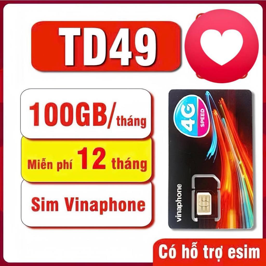 Sim 4G Vina Tốc Độ Cao TD49 - Miễn Phí Trọn Gói 12 Tháng Có 100Gb 1 Tháng