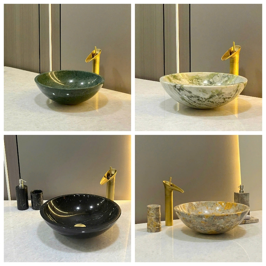Chậu lavabo đá tự nhiên với nhiều màu và nhiều vân lạ phù hợp với không gian phòng tắm rộng rãi hay 
