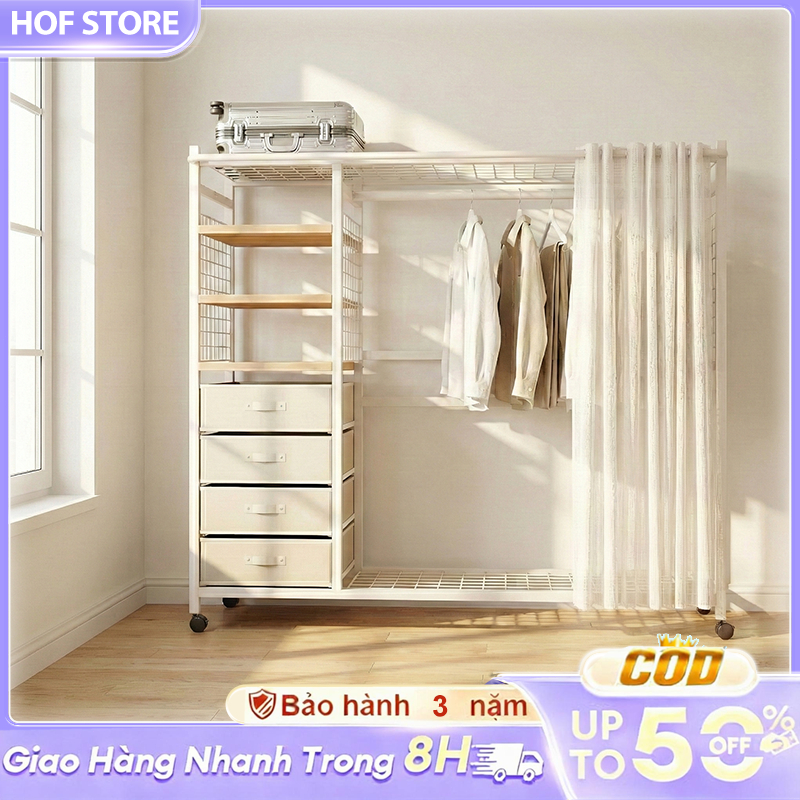 HOF Giá treo mũ áo đứng phòng ngủ tủ quần áo mở khung thép có ngăn kéo chống bụi di động