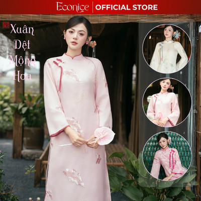 Áo dài cách tân nữ cao cấp 4 tà thêu dệt hoa thích hợp mặc dịp lễ tết truyền thống Econice 2026
