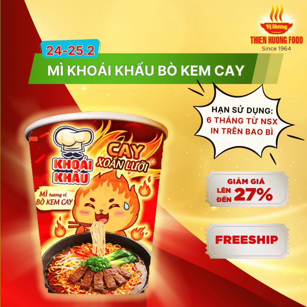 MÌ CAY XOẮN LƯỠI - Thùng 24 ly Mì Khoái Khẩu Hương Vị Bò Kem Cay  67gram/ly [TMNLY0024]