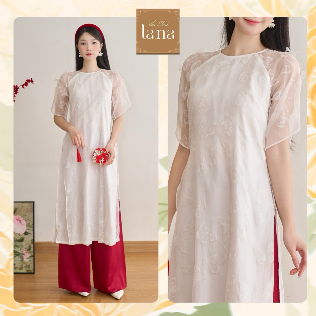 Áo dài nữ thiết kế Ngọc Diệp họa tiết thêu bướm chất áo tơ tằm ép nhung phối lụa latin cao cấp - SD0