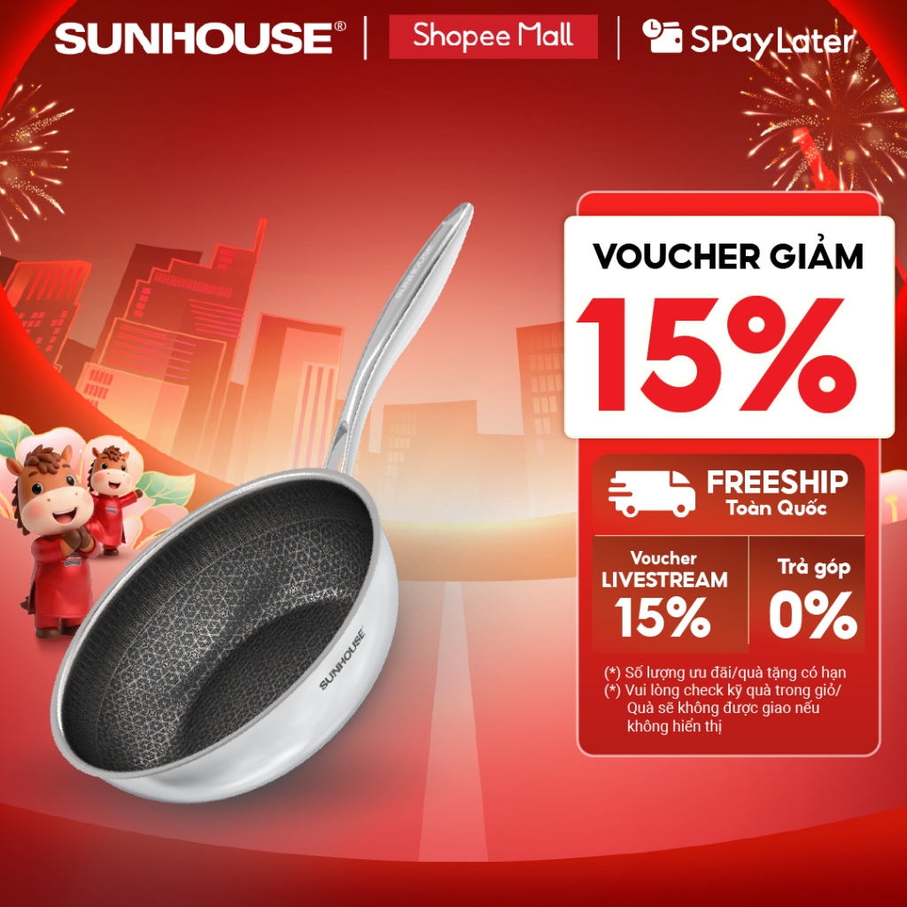 Chảo Xào Chống Dính Sunhouse Healthy Công Nghệ Hybrid Inox Liền Khối Size 28cm, Dùng Được Bếp Từ - IN26-28M8