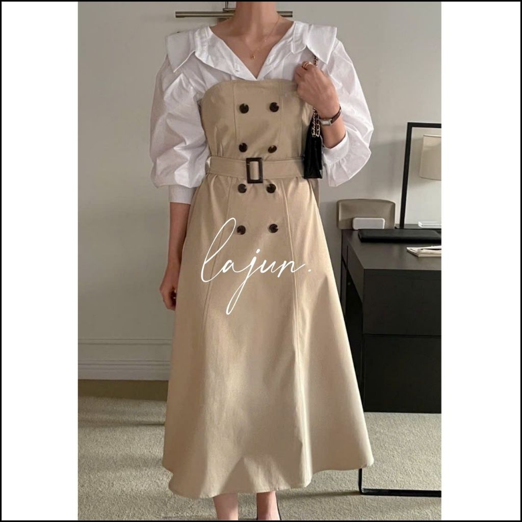 [LAJUN KOREA] Váy Liền Dài Lover Kèm Thắt Lưng Cổ Sơ Mi Tay Bồng Nhẹ Phối Kaki Form Ôm Xoè Thanh Lịc