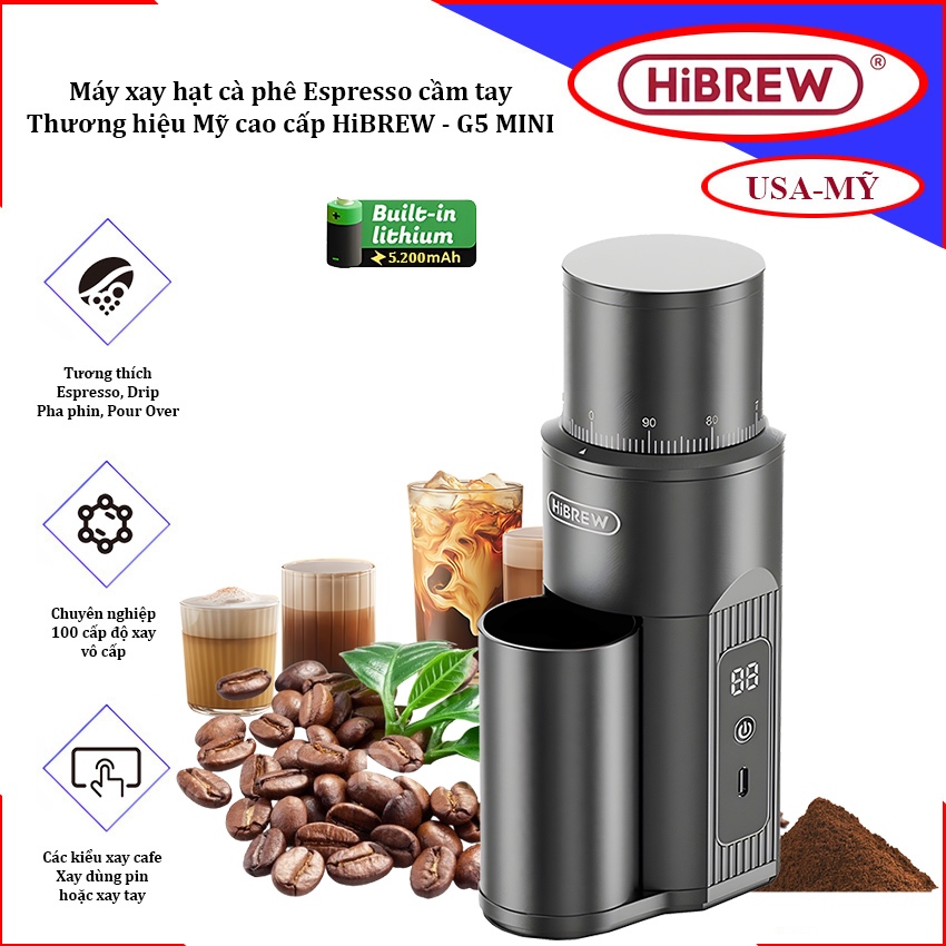BẢO HÀNH 1 NĂM - Máy xay hạt cà phê Espresso cầm tay, dùng pin. Thương hiệu Mỹ cao cấp HiBREW - G5 M