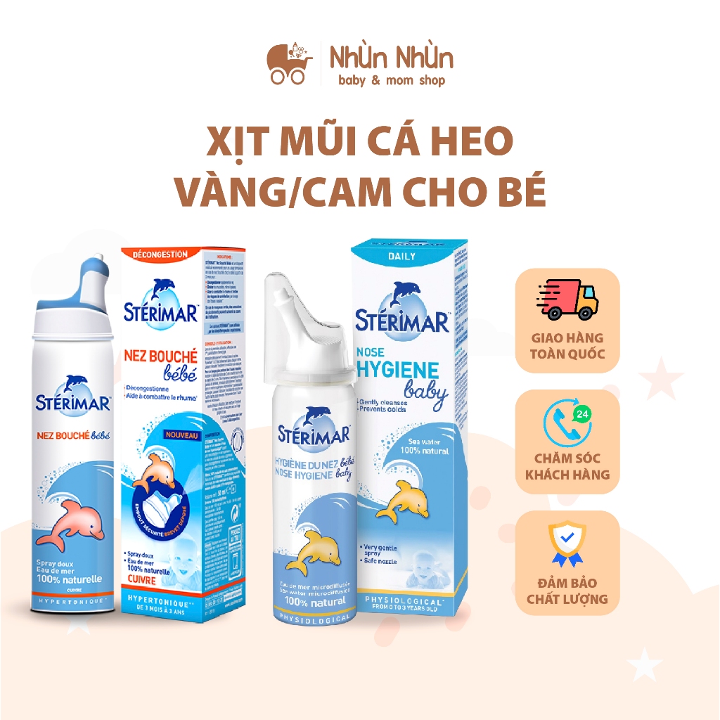(Nhùn Nhùn)  Muối xịt mũi cá heo vàng và cam Sterimar, 100ml, giúp vệ sinh và giảm chảy mũi cho trẻ 0 - 3 tuổi
