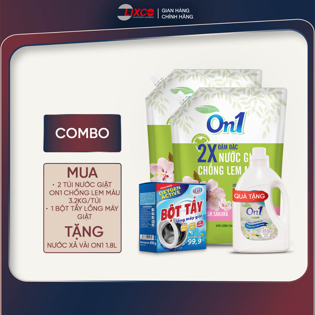 Combo 2 túi nước giặt Lix sạch thơm quần áo các hương 3.2KG tặng 1 chai nước xả vải 1.8L, Lixco Việt