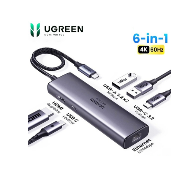 Thiết bị mở rộng USB Type-C 6 in 1 HDMI 4K@60Hz/Hub USB 3.0/LAN/PD 100W Ugreen 45000 cao cấp