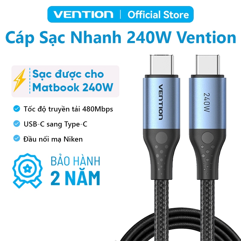 Cáp Sạc Nhanh Vention 240W Type C, Tốc Độ 480Mbps, Đầu Hợp Kim Nhôm Mạ Niken Bền Chắc Dây Dù Bện 4mm | BigBuy360 - bigbuy360.vn