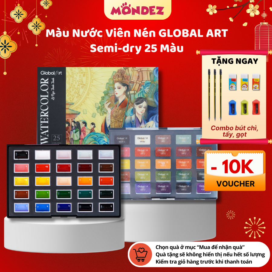 Màu Nước Semi - Dry 25 Màu GLOBAL ART Kích Hoạt Màu Tốt, Solid Water Color 24 Màu Hòa Tan Nhanh, Bản