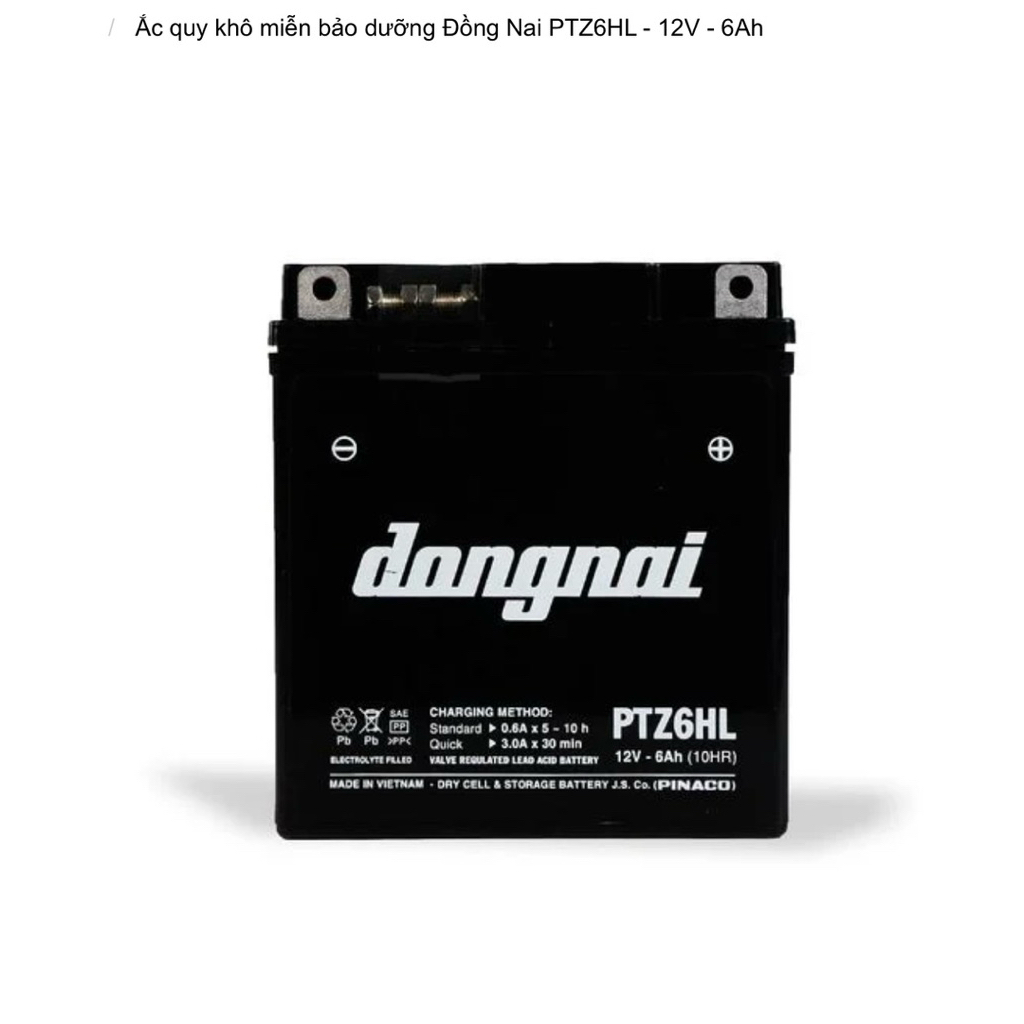 Bình acquy xe máy khô miễn bảo dưỡng Đồng Nai PTZ6HL | 12V - 6ah, bình ắc quy xe máy honda 12v.