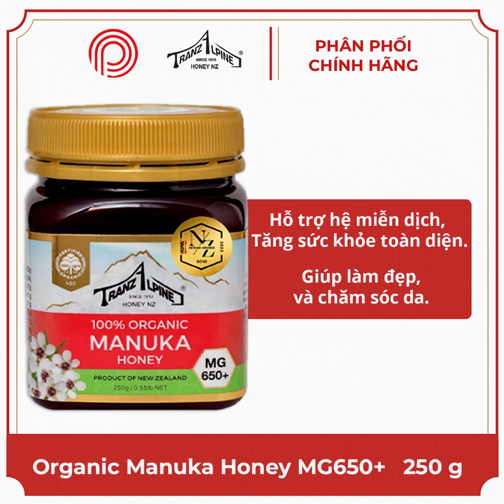 Mật ong hữu cơ manuka MG650+ TranzAlpine 100% Organic Manuka Honey 250g - Chính hãng New Zealand