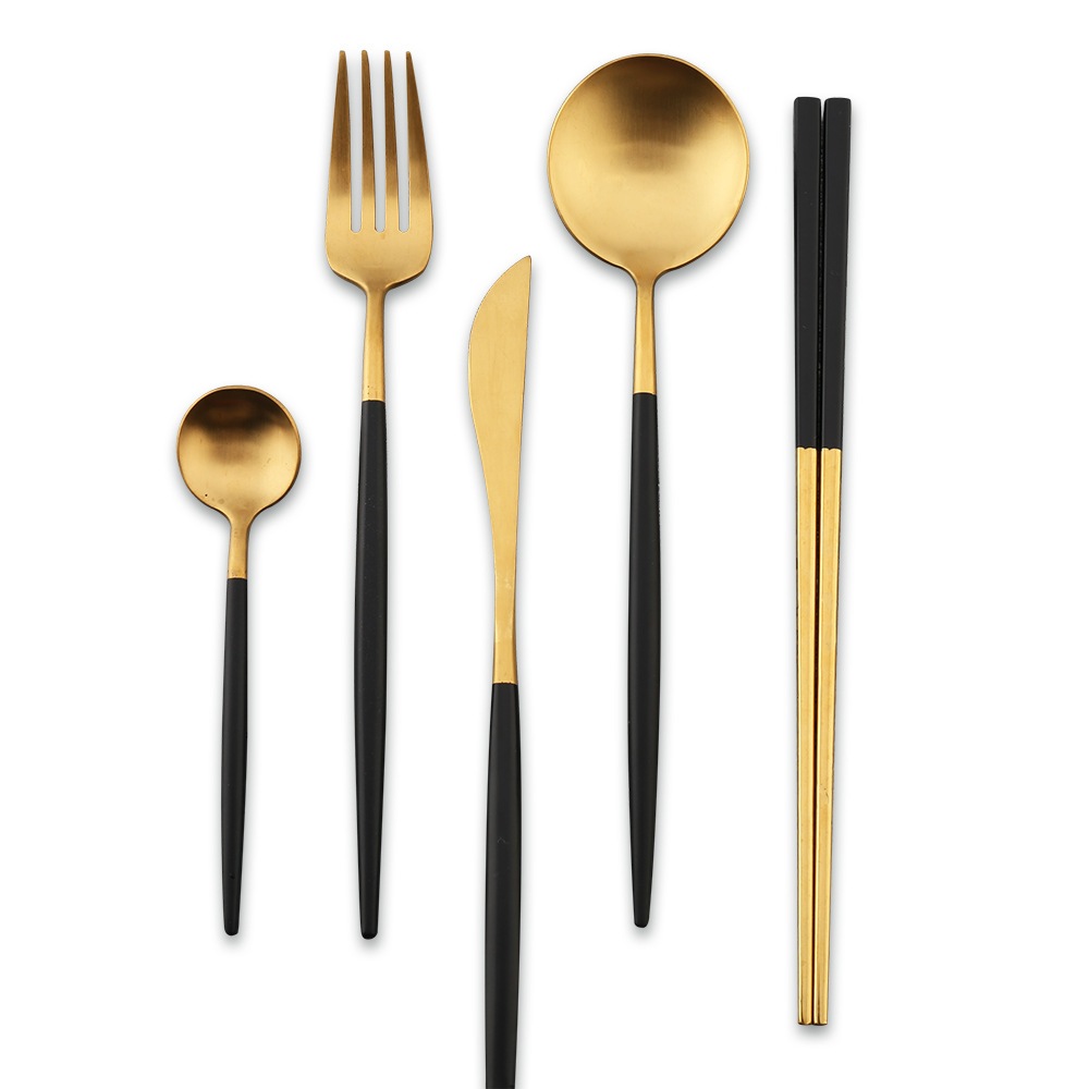 [Hàng chuẩn] Bộ muỗng nĩa đũa inox 304 mạ vàng 18K OEM HJ002