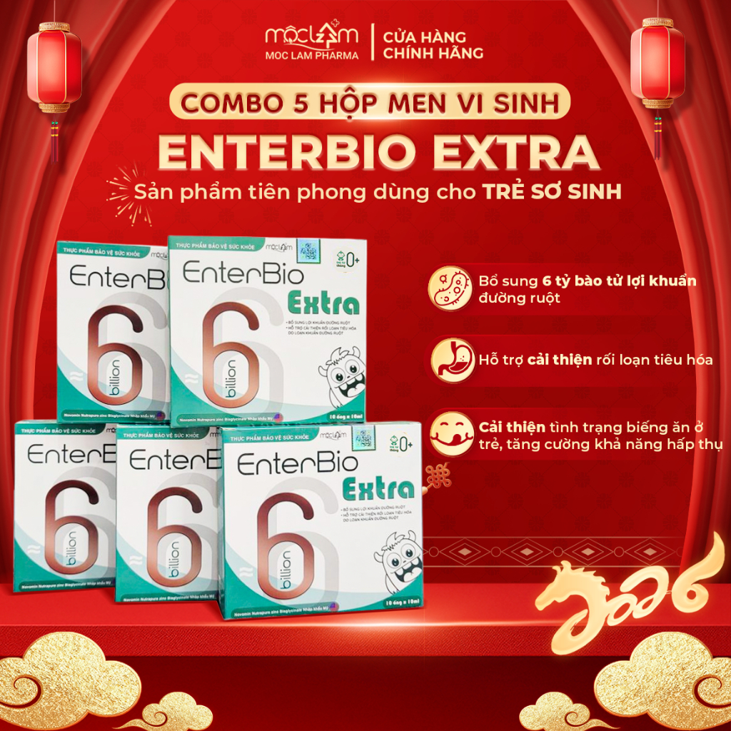 5 Hộp Men Vi Sinh 6 Tỷ Lợi Khuẩn EnterBio Extra hỗ trợ tiêu hoá, giúp bé ăn ngon hộp 10 ống